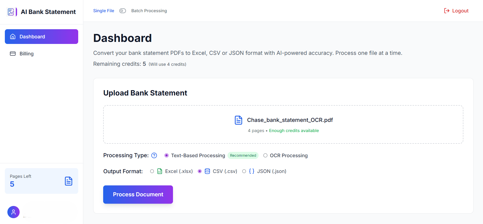 AI Bank Statement dashboard: upload a PDF statement, choose text-based or OCR processing, pick an output format